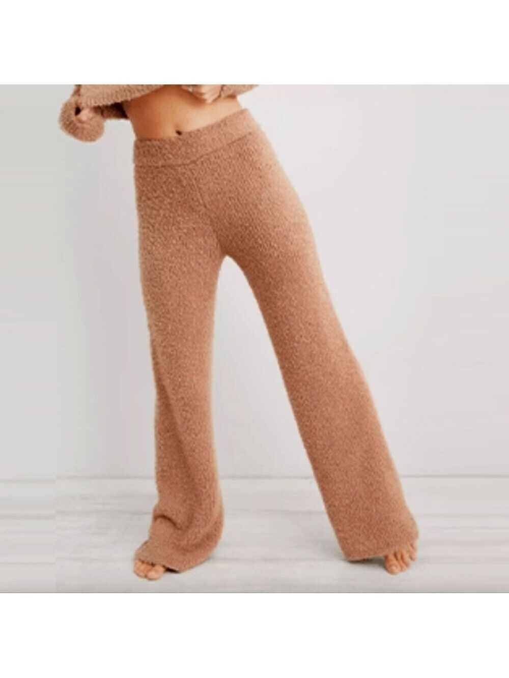 L • Better/Together • Cozy Brown Fuzzy Flare Pants With Wide Waistband